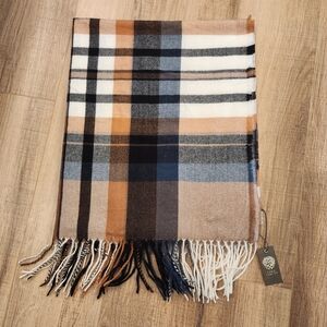 Vince Camuto Plaid Fringe Scarf Black Neutral Brown Tan One Size NWT Preppy